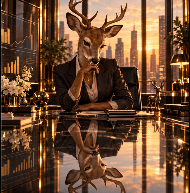 Suited deer stand with their backs turned between a towering brass measuring machine printing tallies and a tall gilded mirror showing scenes of their real working lives with colleagues.