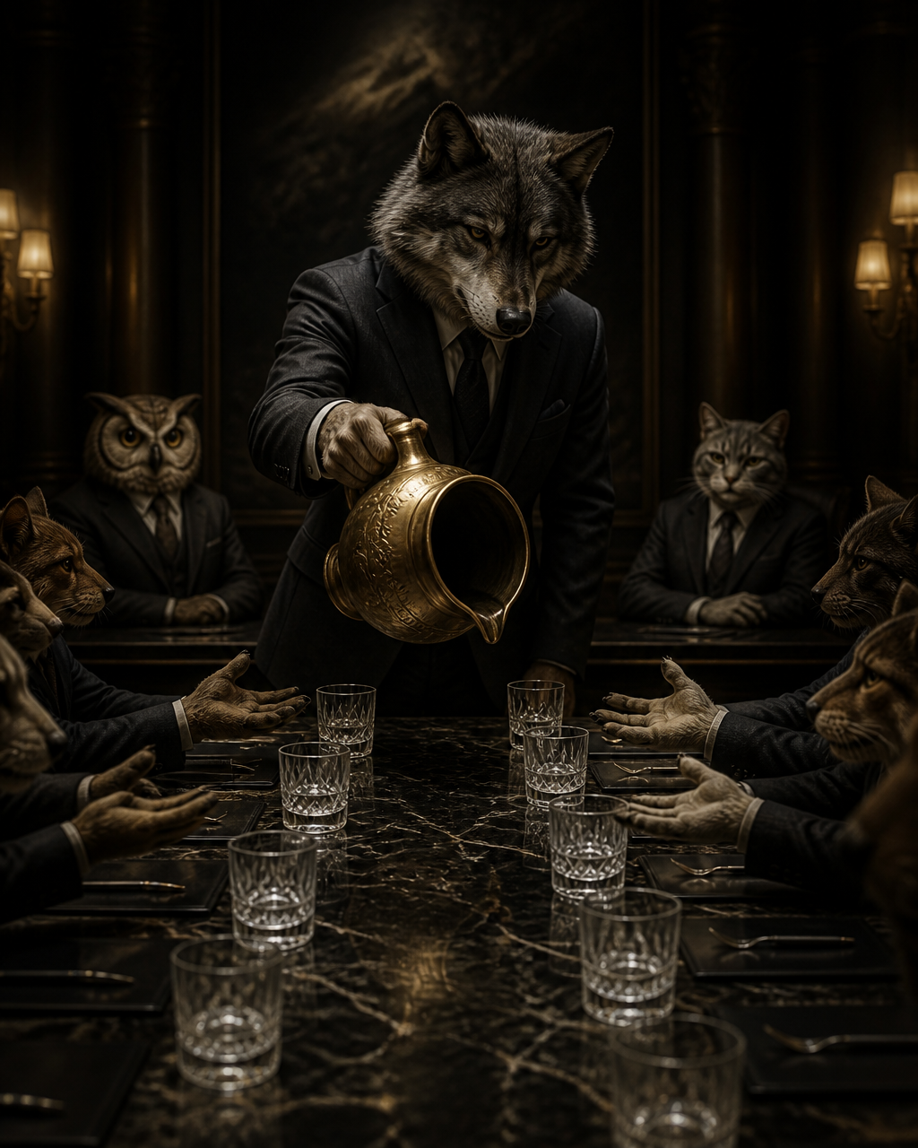 A depleted wolf executive pours from an empty ornate gold vessel into glasses and waiting hands around a long black-marble boardroom table while an owl and cat observe from the shadows.