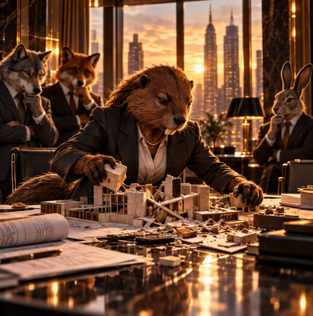 A suited otter tests a brass architectural prototype beneath a controlled pressure press as an owl studies the mechanism, a bee records the cracked weakness, and a pristine model waits under glass.