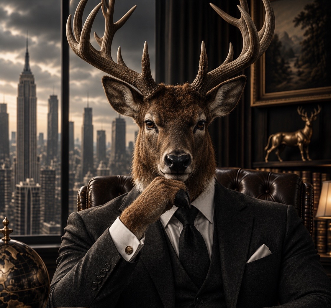 The Stag — portrait in a dark executive office