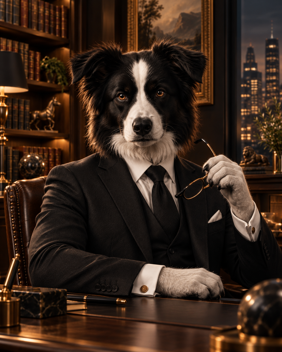 The Border Collie — portrait in a dark executive office