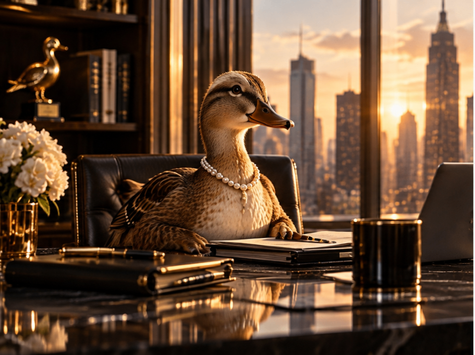 A young duck executive in a tailored suit enters a vast black-marble atrium around a dark reflecting pool, holding a small gold trophy while towering animal executives look on.