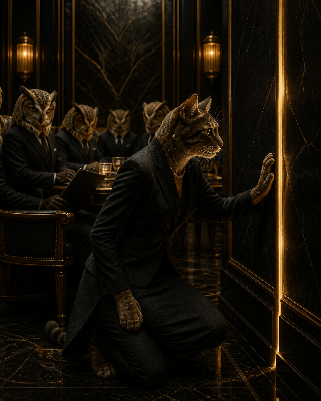 A curious cat executive examines a sealed black-and-gold wall panel leaking warm light while owl executives behind her avert their eyes and continue their formal meeting.