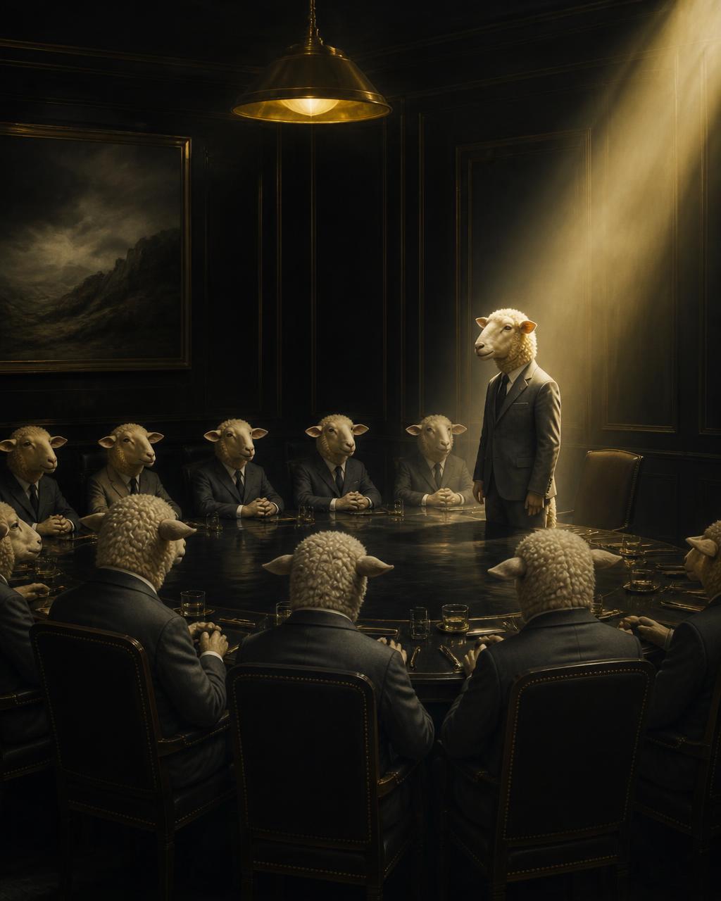 One sheep stands in a shaft of light at a boardroom table of identical, motionless colleagues.