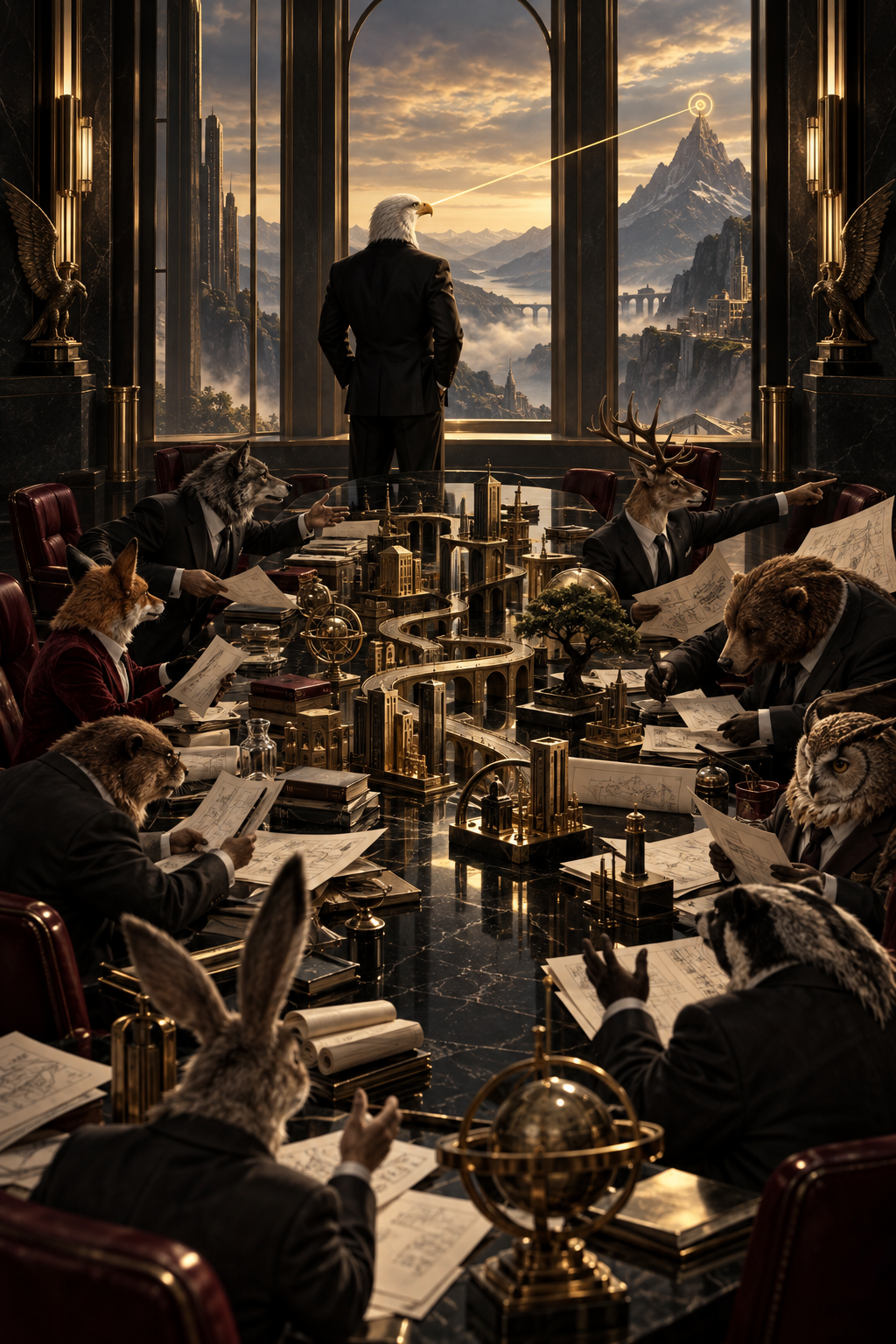 A suited eagle stands at a tall window looking toward a glowing target on a distant mountain peak, a thin gold sightline stretching to it, while a boardroom of animal executives argues over plans and models below.